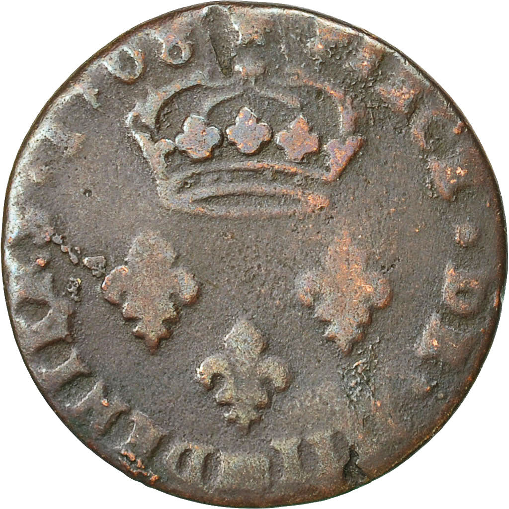 coin, France, Louis XIV, Deux deniers de Strasbourg,1708, F(12-15),KM 309