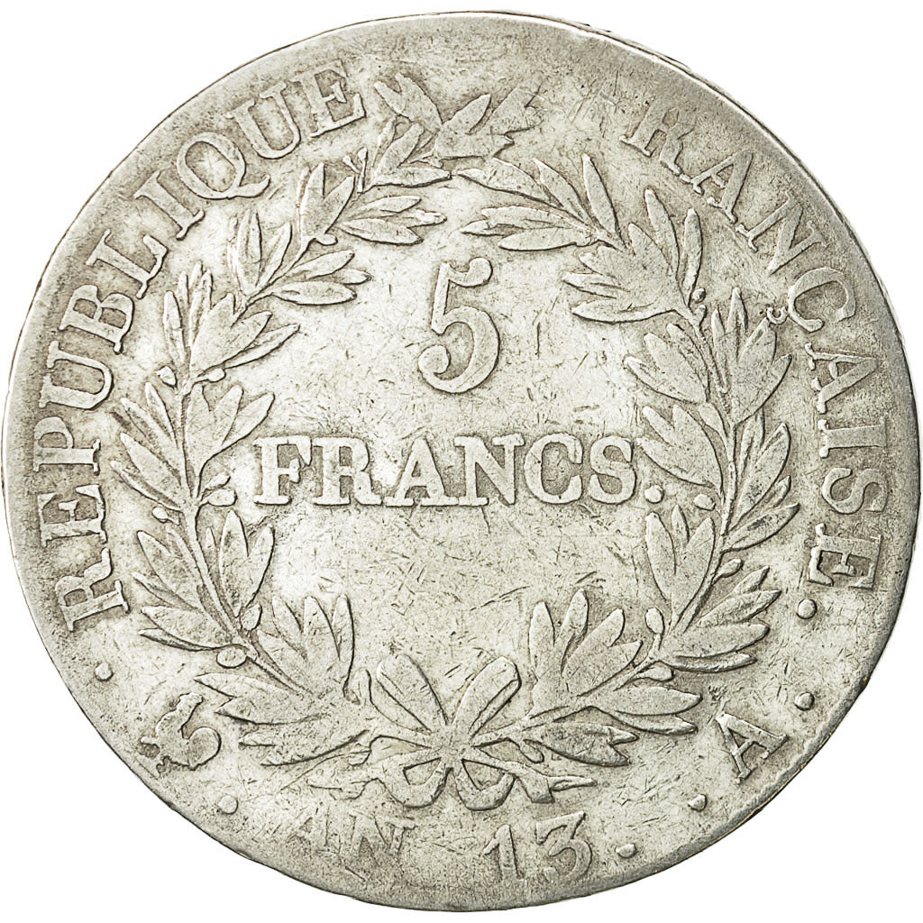 monnaie, France, Napoléon I, 5 Francs, 1805, Paris, B+, Argent, KM:662.1,Gad 581