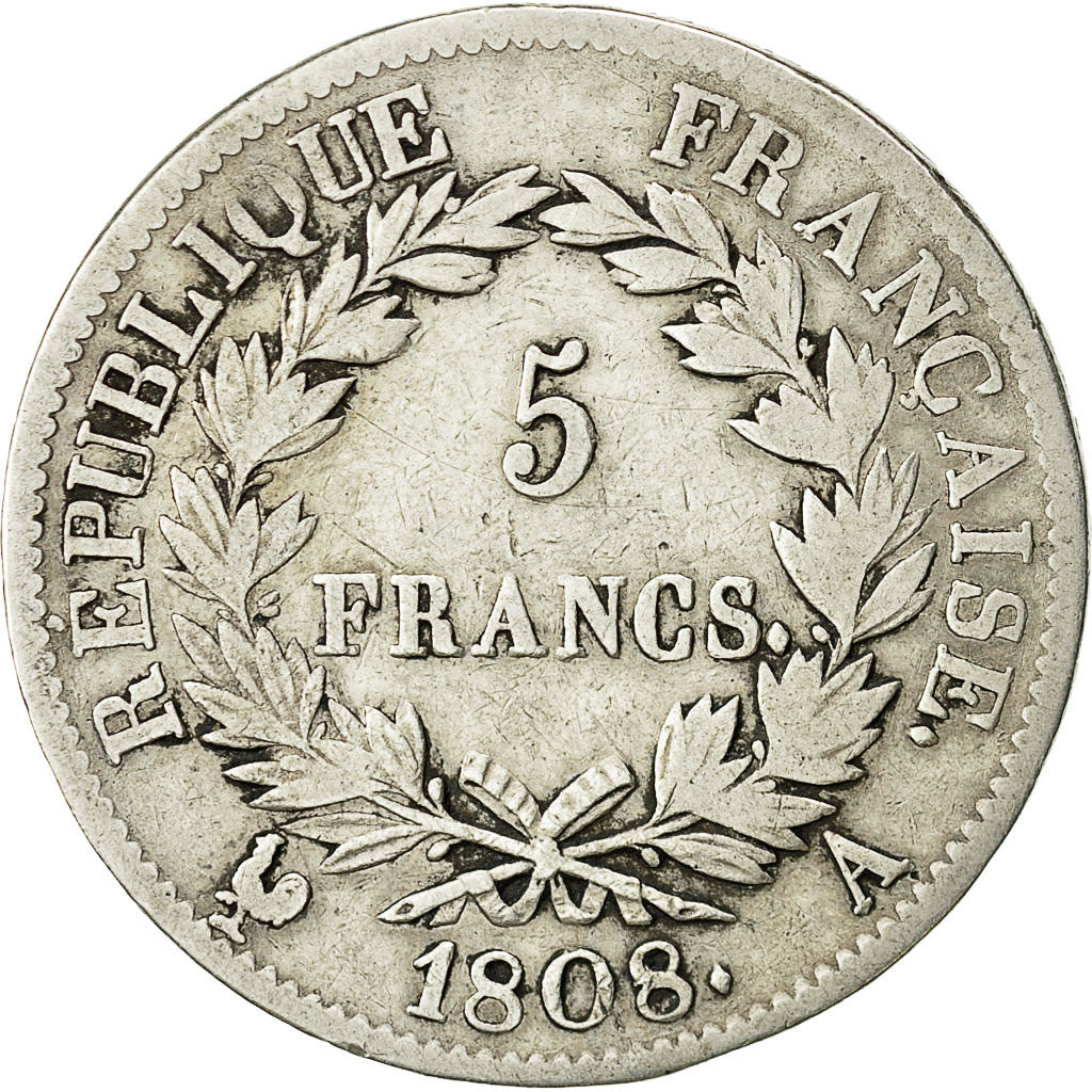 Coin, France, Napoléon I, 5 Francs, 1808, Paris, VF(20-25), Silver, KM:686.1