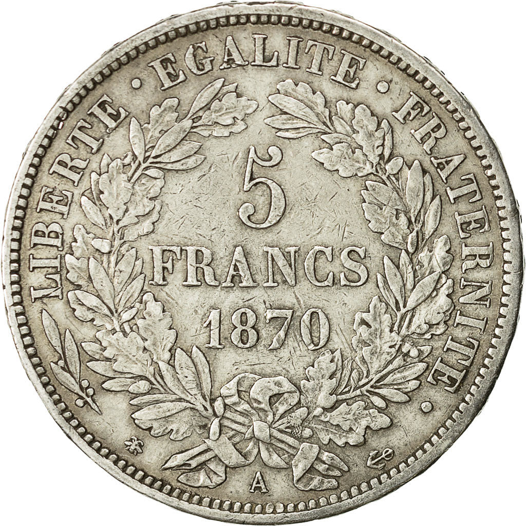 Moneta, Francia, Cérès, 5 Francs, 1870, Paris, BB, Argento, KM:818.1