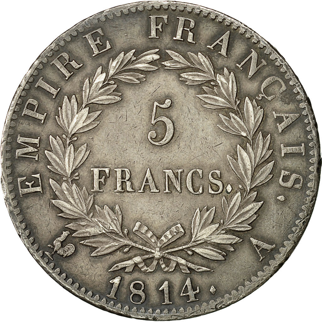 Coin, France, Napoléon I, 5 Francs, 1814, Paris, AU(50-53), Silver, KM:694.1