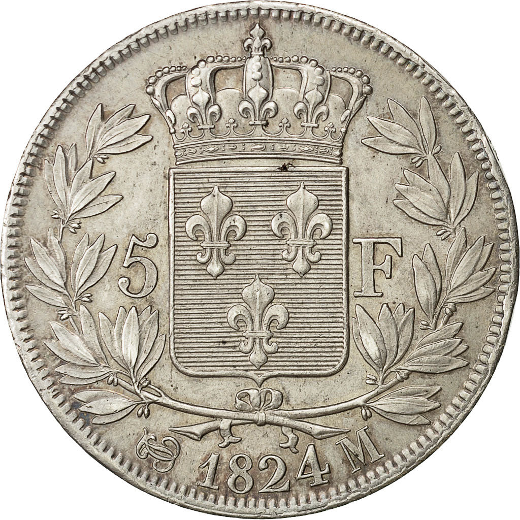Moneda, Francia, Louis XVIII, 5 Francs, 1824, Toulouse, MBC+, Plata, KM:711.9