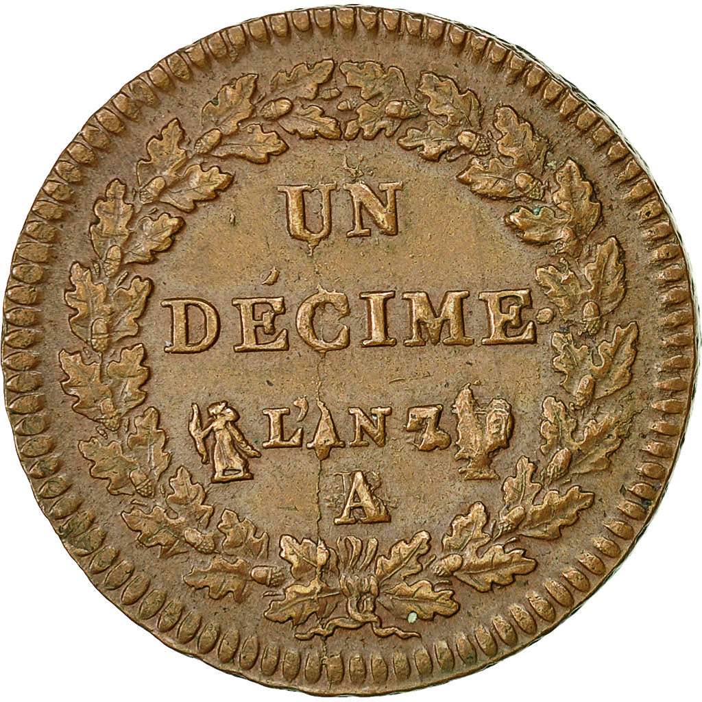 Coin, France, Dupré, Decime, 1798, Paris, AU(55-58), Bronze, KM:644.1