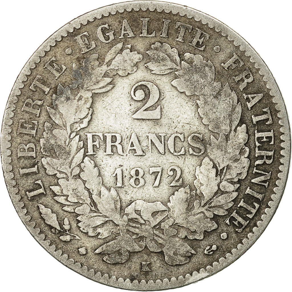 Moneta, Francia, Cérès, 2 Francs, 1872, Bordeaux, MB+, Argento, KM:817.2