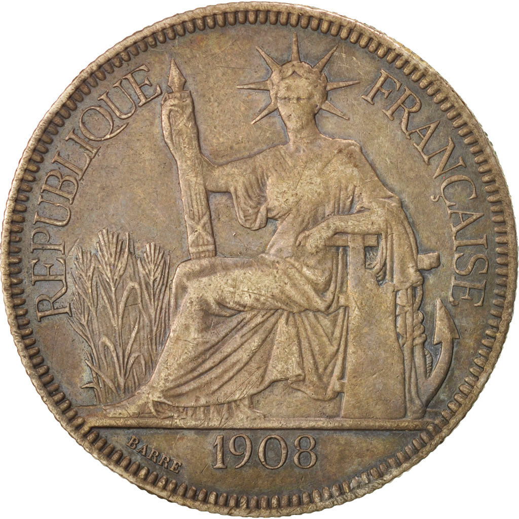 FRENCH INDO-CHINA, Piastre, 1908, Paris, KM #5a.1, EF(40-45), Silver, Lecompte..