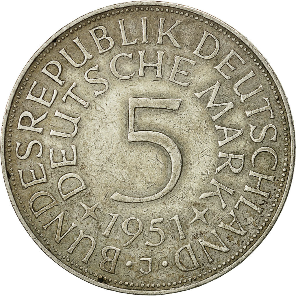Coin, GERMANY - FEDERAL REPUBLIC, 5 Mark, 1951, Hambourg, EF(40-45), Silver