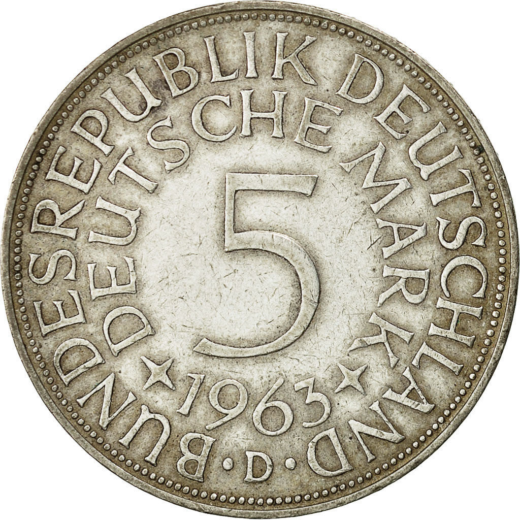 Coin, GERMANY - FEDERAL REPUBLIC, 5 Mark, 1963, Munich, EF(40-45), Silver
