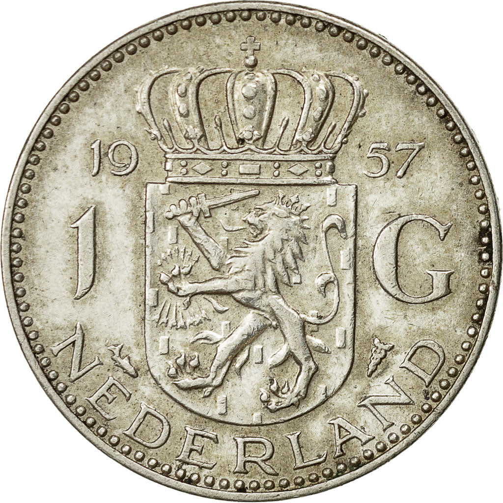 Coin, Netherlands, Juliana, Gulden, 1957, AU(50-53), Silver, KM:184