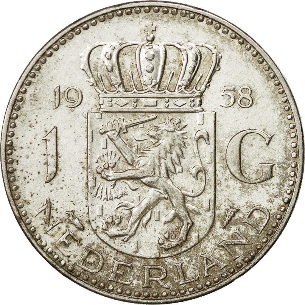 Coin, Netherlands, Juliana, Gulden, 1958, AU(50-53), Silver, KM:184