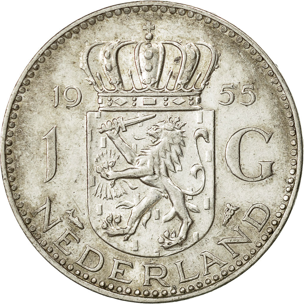 Coin, Netherlands, Juliana, Gulden, 1955, AU(50-53), Silver, KM:184