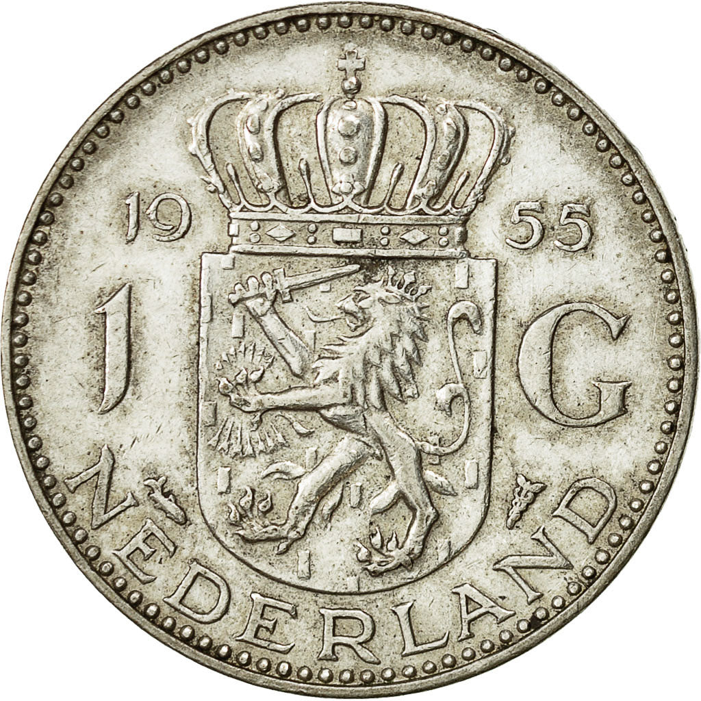 Coin, Netherlands, Juliana, Gulden, 1955, AU(50-53), Silver, KM:184