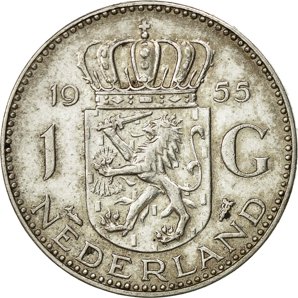Coin, Netherlands, Juliana, Gulden, 1955, AU(50-53), Silver, KM:184