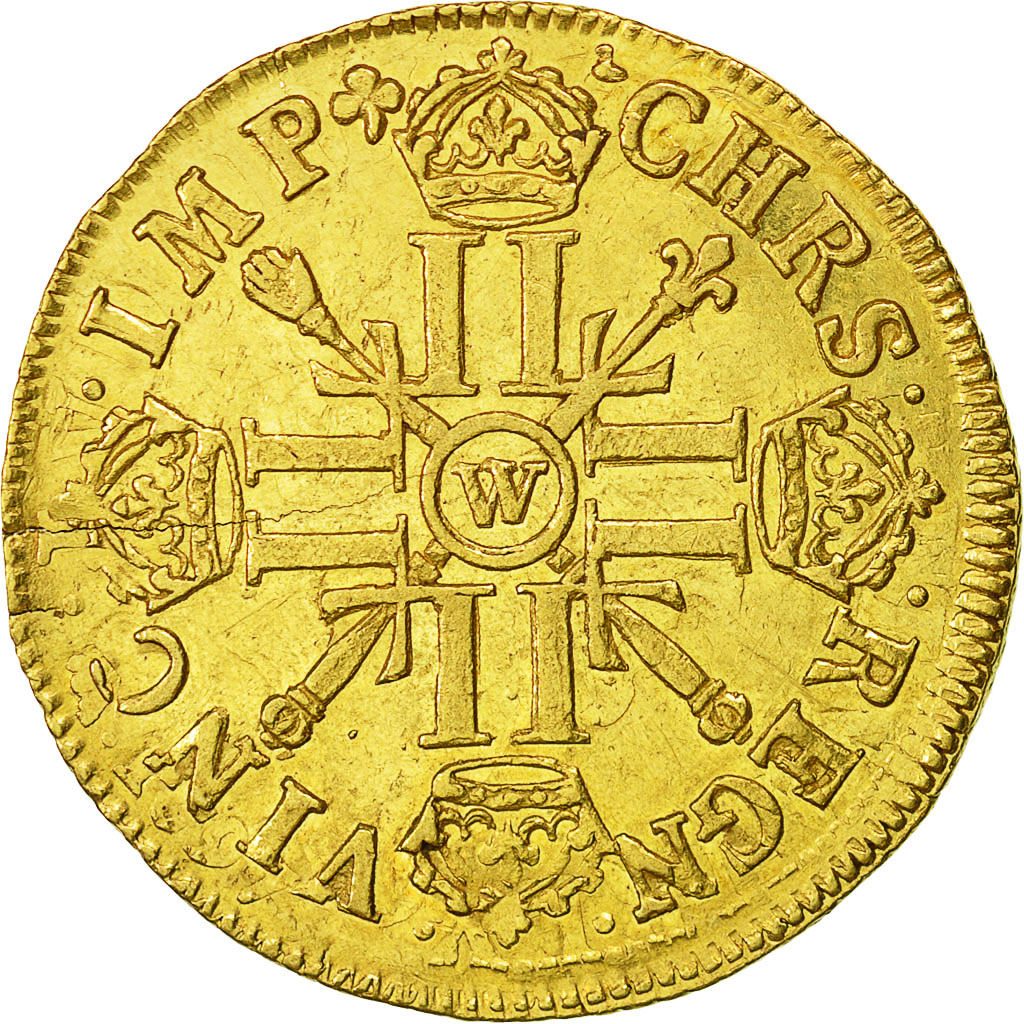Moneda, Francia, Louis XIV, Double louis d'or aux 8 L et aux insignes, Double