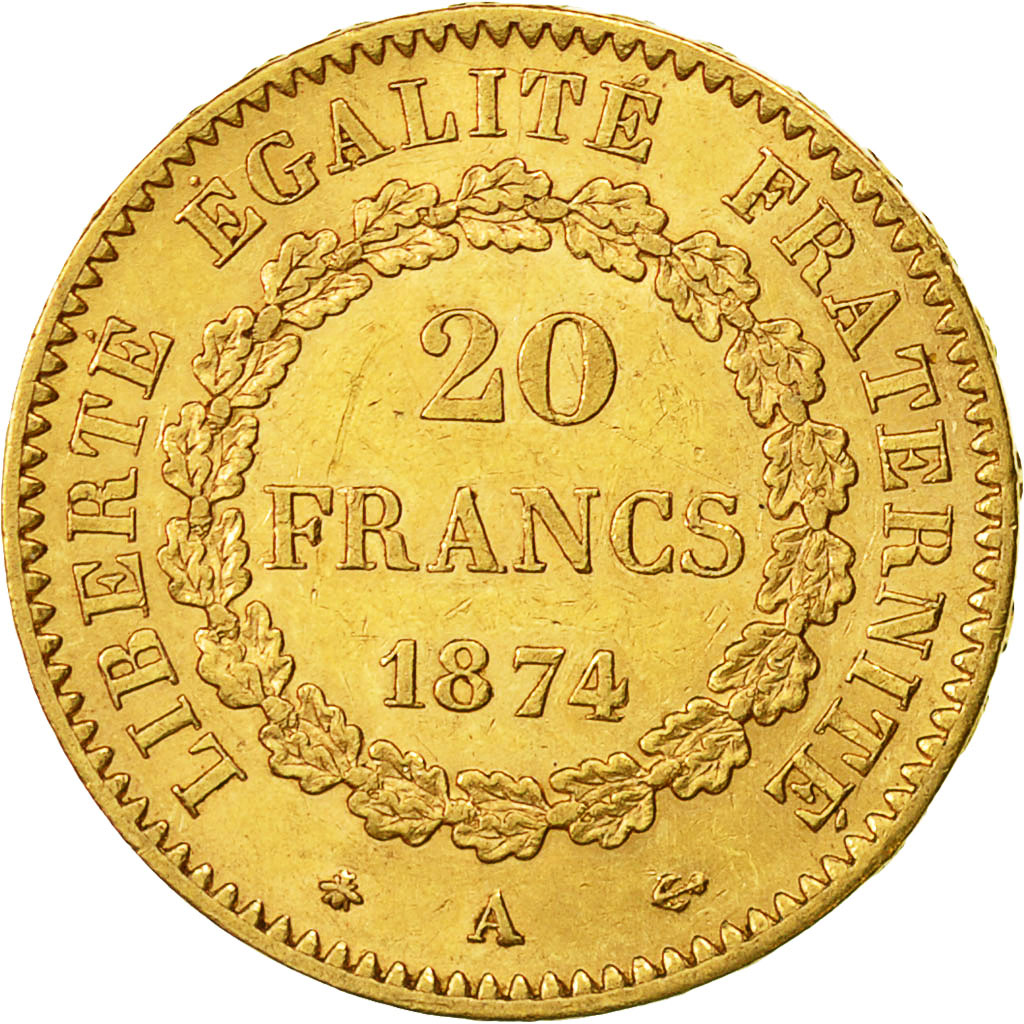 Moneta, Francia, Génie, 20 Francs, 1874, Paris, BB, Oro, KM:825, Gadoury:1063