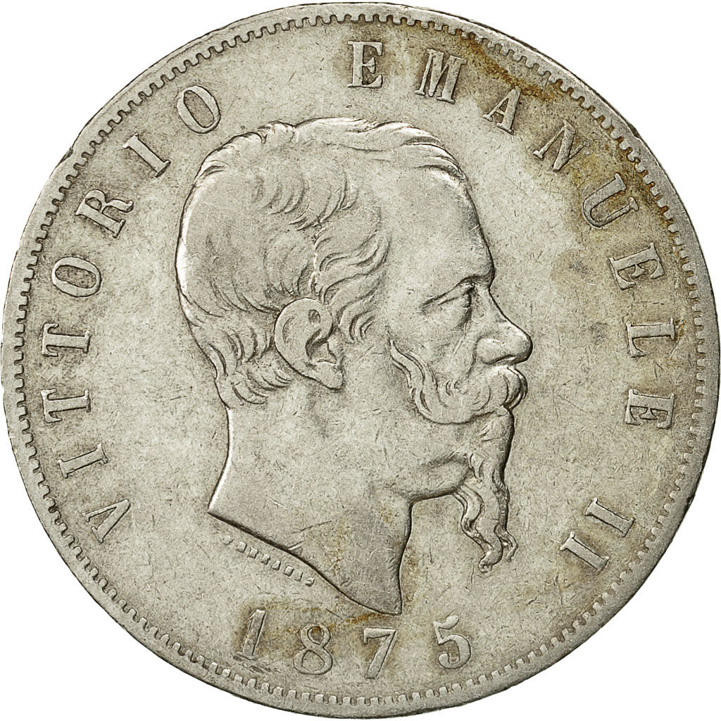 Coin, Italy, Vittorio Emanuele II, 5 Lire, 1875, Milan, VF(30-35), Silver,KM 8.3