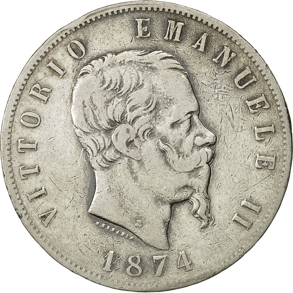 Coin, Italy, Vittorio Emanuele II, 5 Lire, 1874, Milan, VF(20-25), Silver,KM 8.3