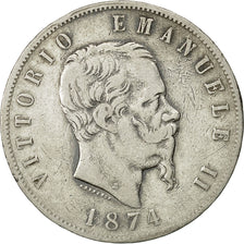 Coin, Italy, Vittorio Emanuele II, 5 Lire, 1874, Milan, VF(20-25), Silver,KM 8.3