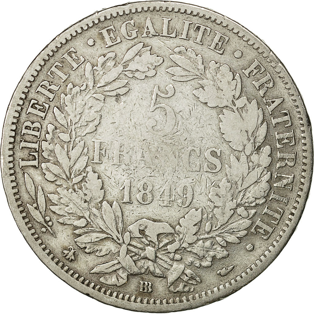 Coin, France, Cérès, 5 Francs, 1849, Strasbourg, VF(20-25), Silver, KM:761.2