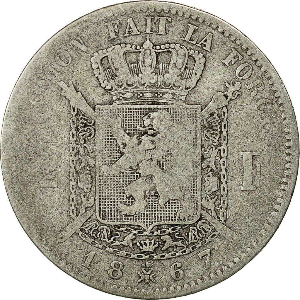 Coin, Belgium, Leopold II, 2 Francs, 2 Frank, 1867, F(12-15), Silver, KM:30.1
