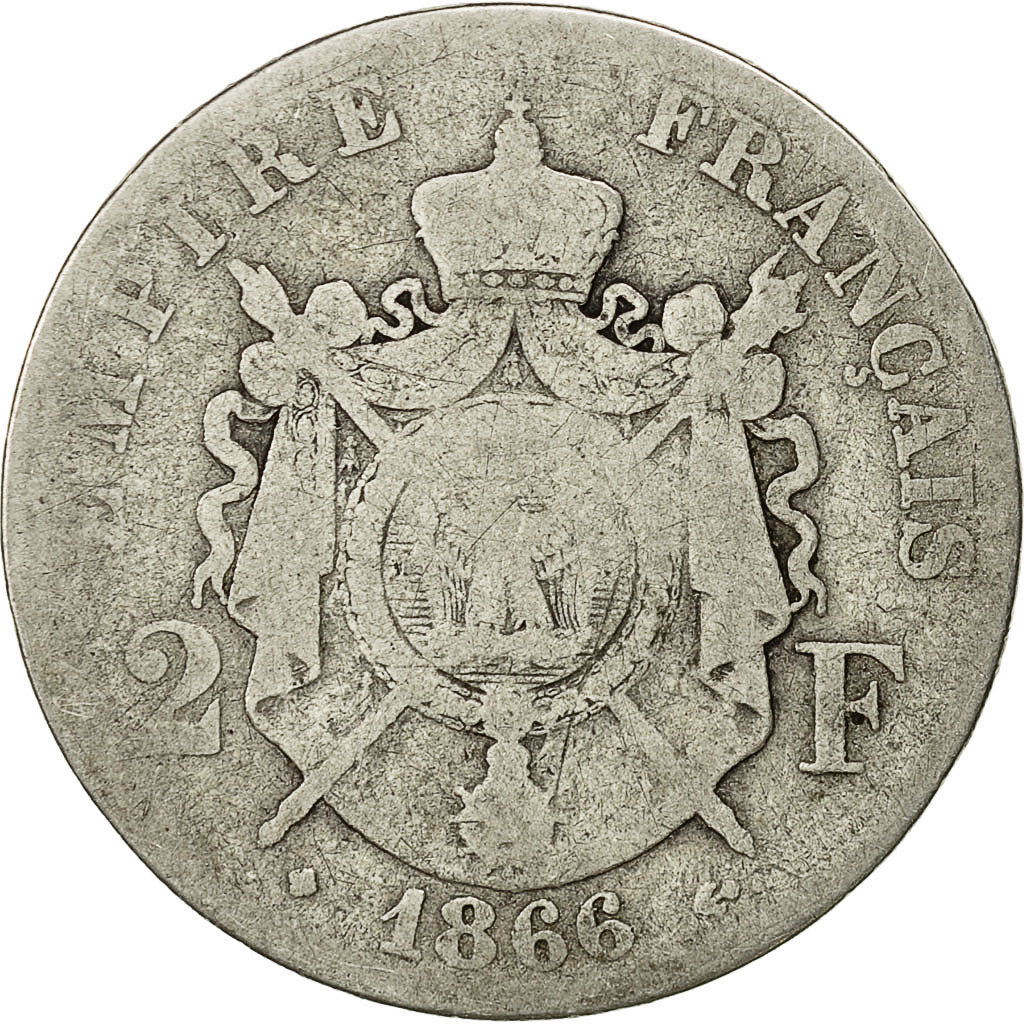 Monnaie, France, Napoleon III, Napoléon III, 2 Francs, 1866, Strasbourg, B+