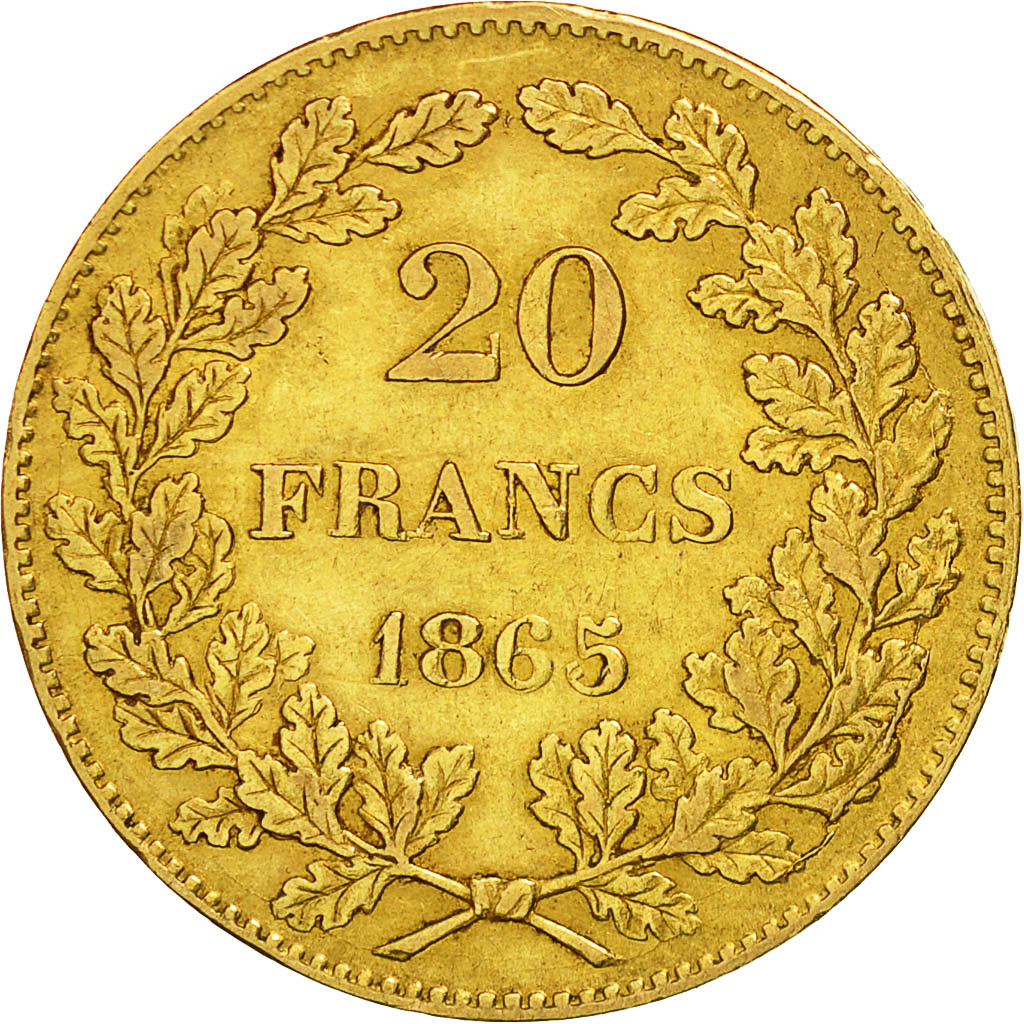 Moneda, Bélgica, Leopold I, 20 Francs, 20 Frank, 1865, MBC+, Oro, KM:23