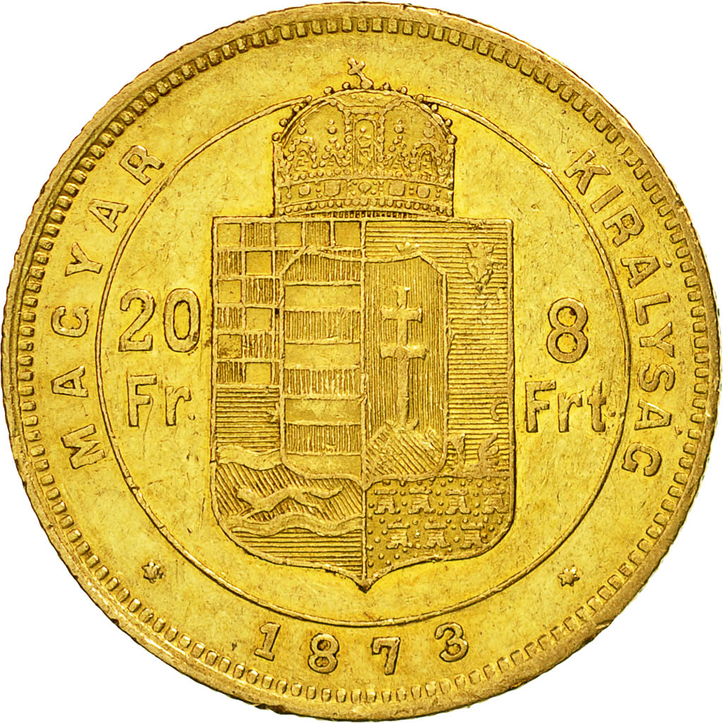 Münze, Ungarn, Franz Joseph I, 8 Forint 20 Francs, 1873, Kremnitz, SS+, Gold