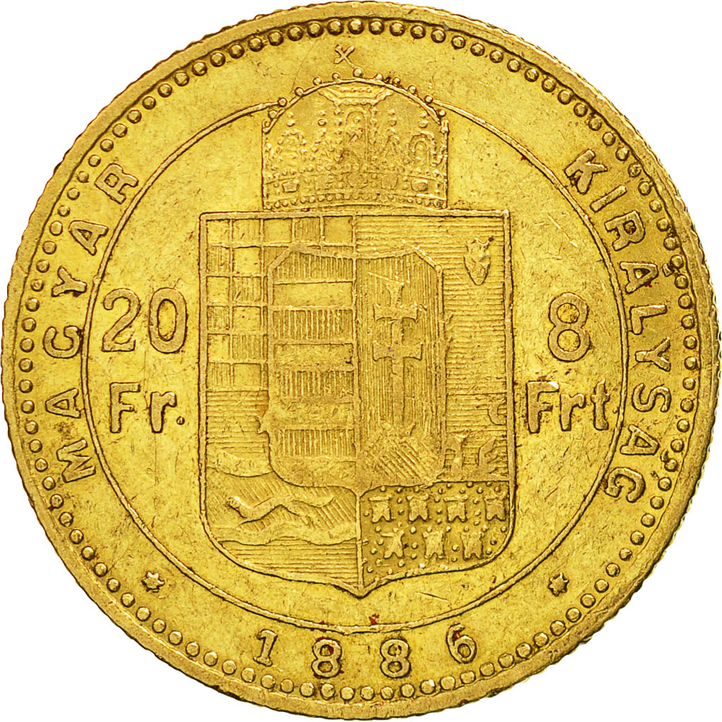 Moneda, Hungría, Franz Joseph I, 8 Forint 20 Francs, 1886, Kormoczbanya, MBC+