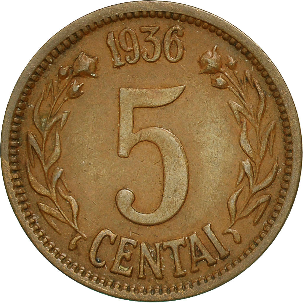 Coin, Lithuania, 5 Centai, 1936, EF(40-45), Bronze, KM:81