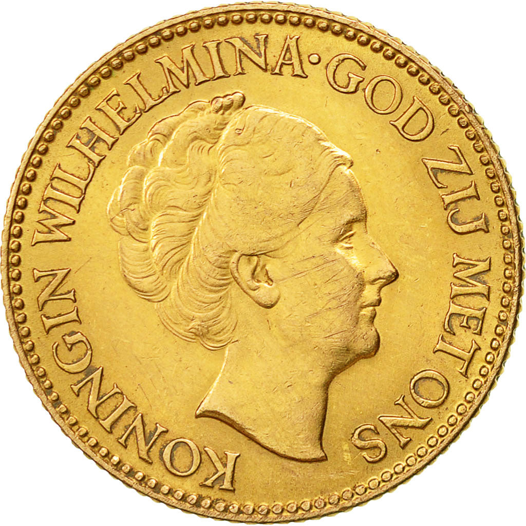 Coin, Netherlands, Wilhelmina I, 10 Gulden, 1925, AU(55-58), Gold, KM:162