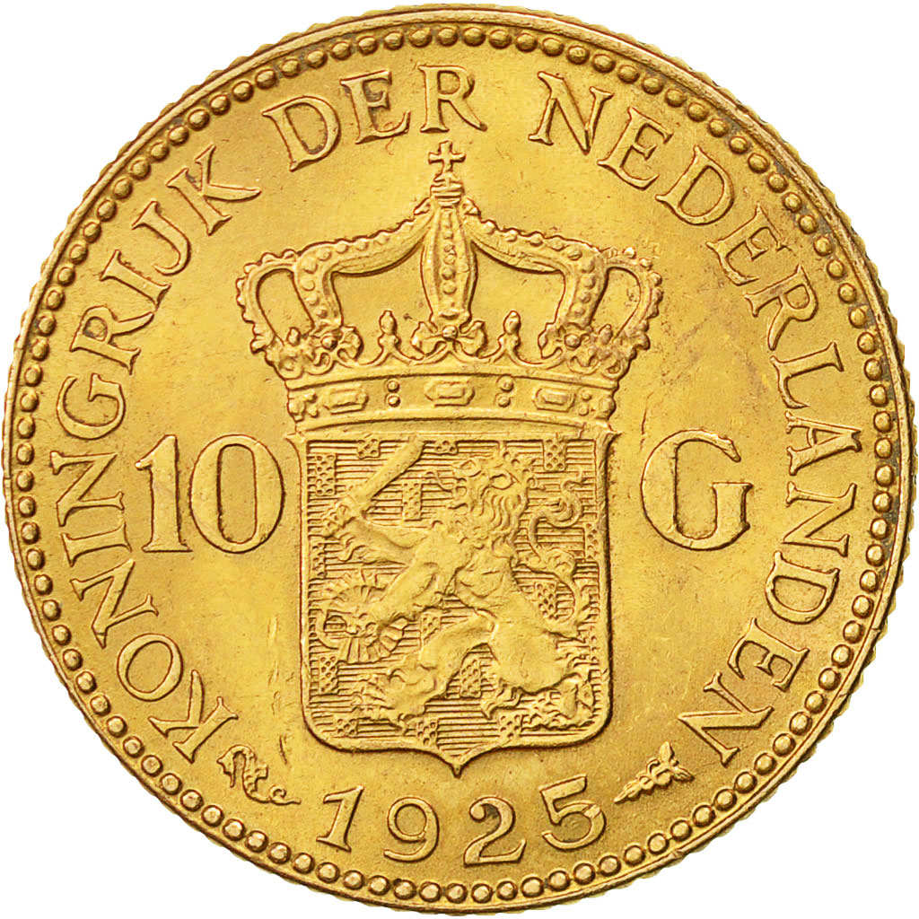 Coin, Netherlands, Wilhelmina I, 10 Gulden, 1925, AU(55-58), Gold, KM:162
