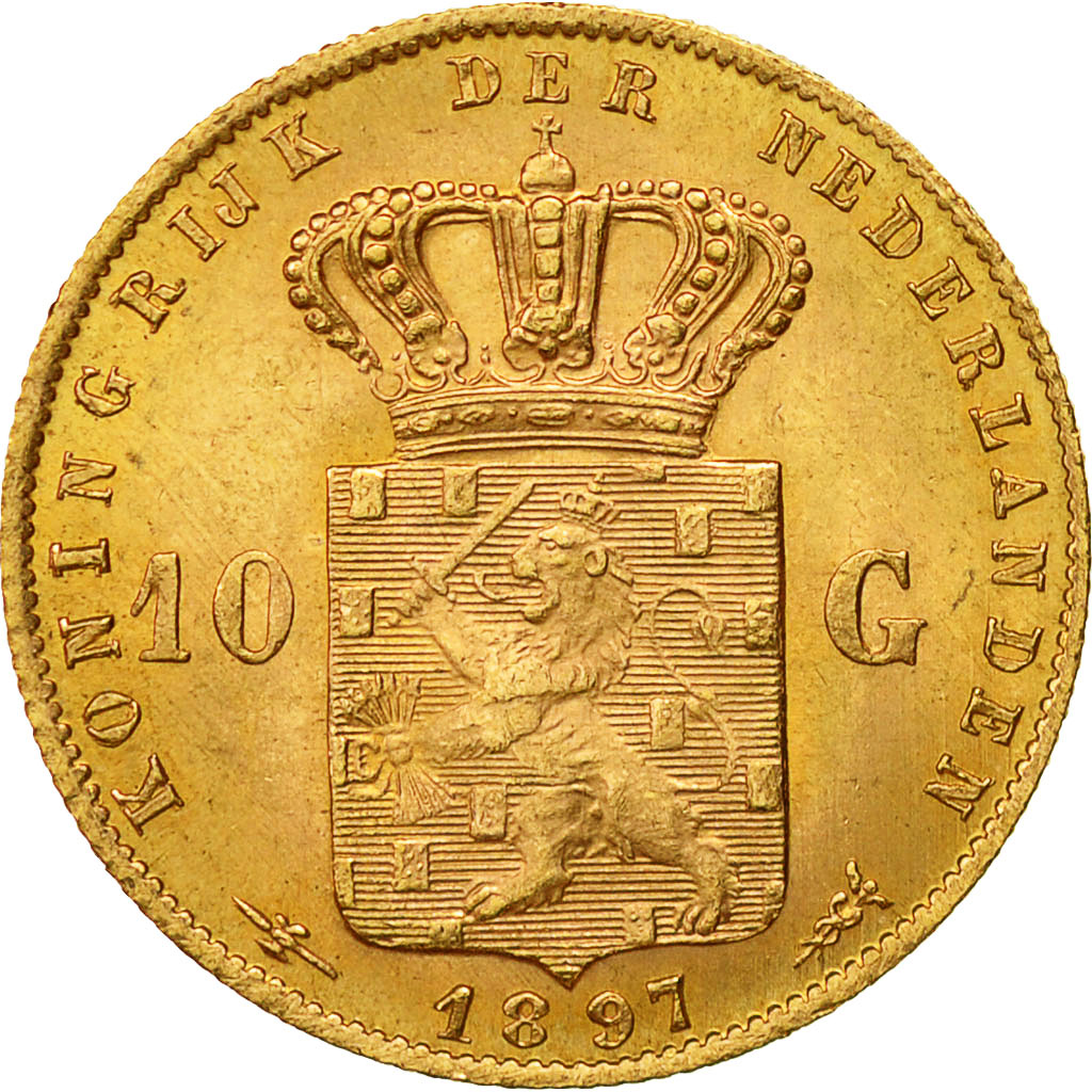 Coin, Netherlands, Wilhelmina I, 10 Gulden, 1897, AU(55-58), Gold, KM:118