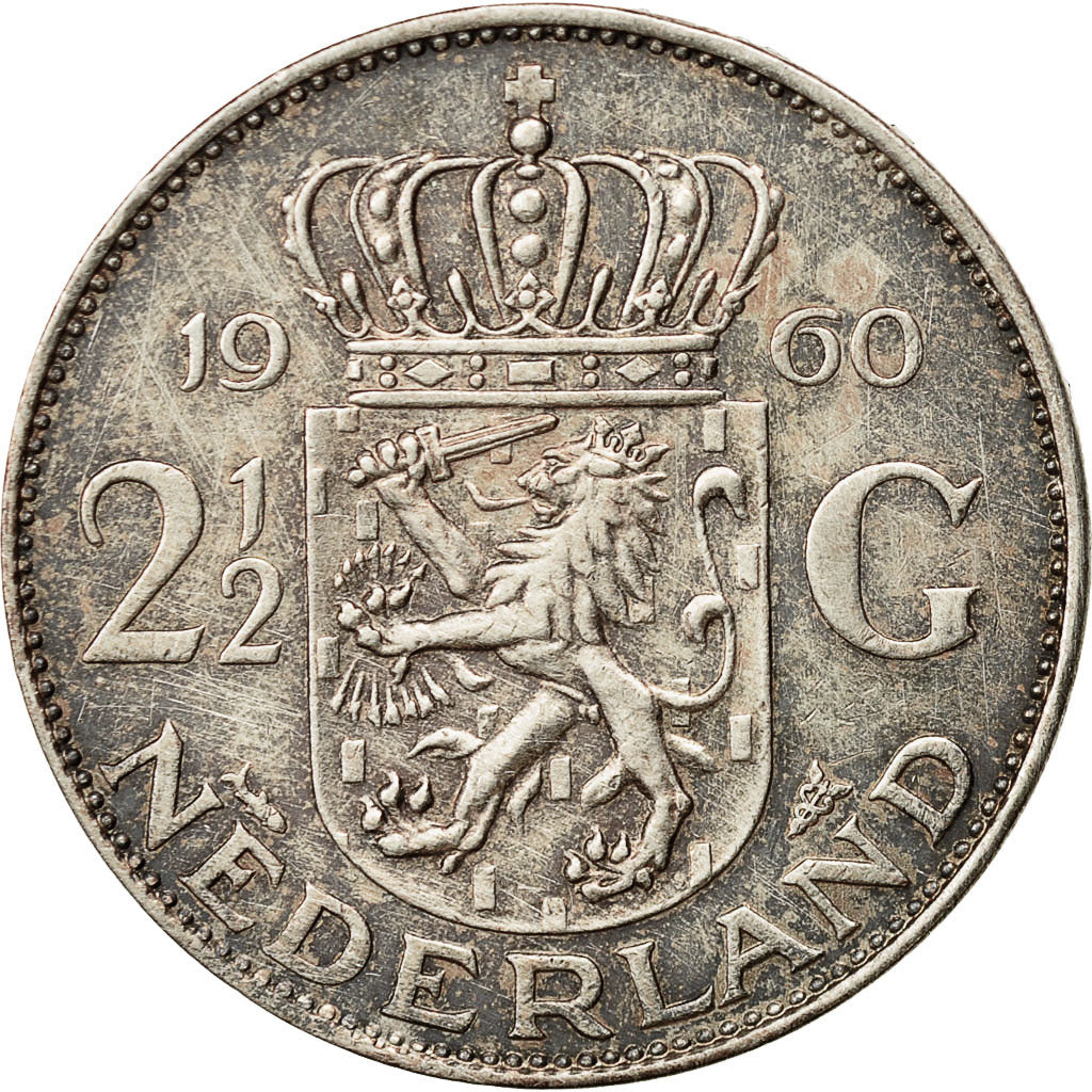 Coin, Netherlands, Juliana, 2-1/2 Gulden, 1960, VF(30-35), Silver, KM:185