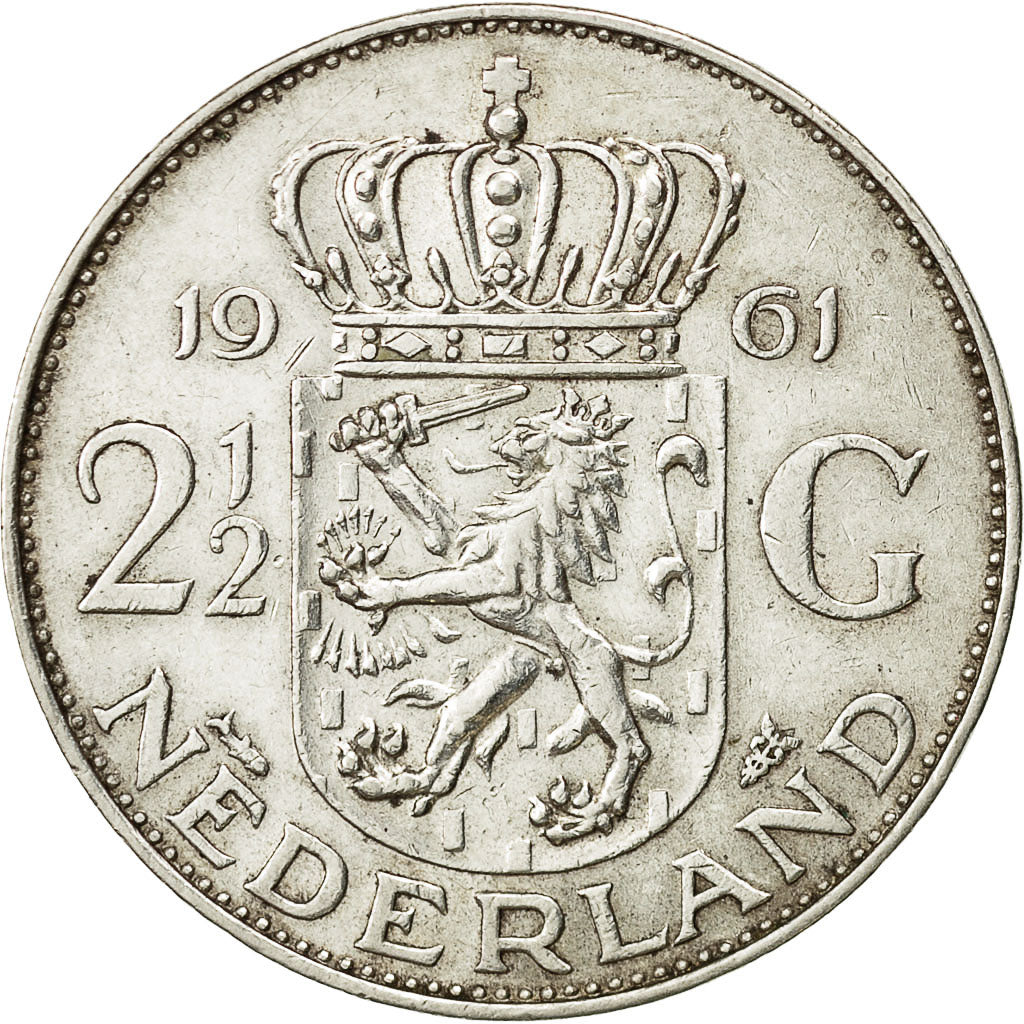 Coin, Netherlands, Juliana, 2-1/2 Gulden, 1961, EF(40-45), Silver, KM:185