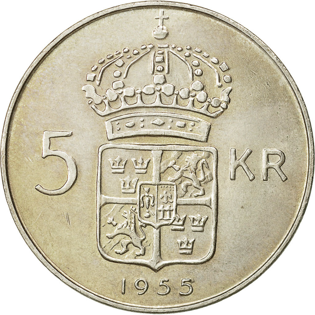 Coin, Sweden, Gustaf VI, 5 Kronor, 1955, MS(63), Silver, KM:829