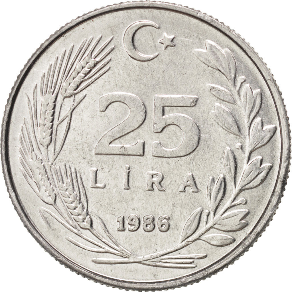Coin, Turkey, 25 Lira, 1986, MS(60-62), Aluminum, KM:975