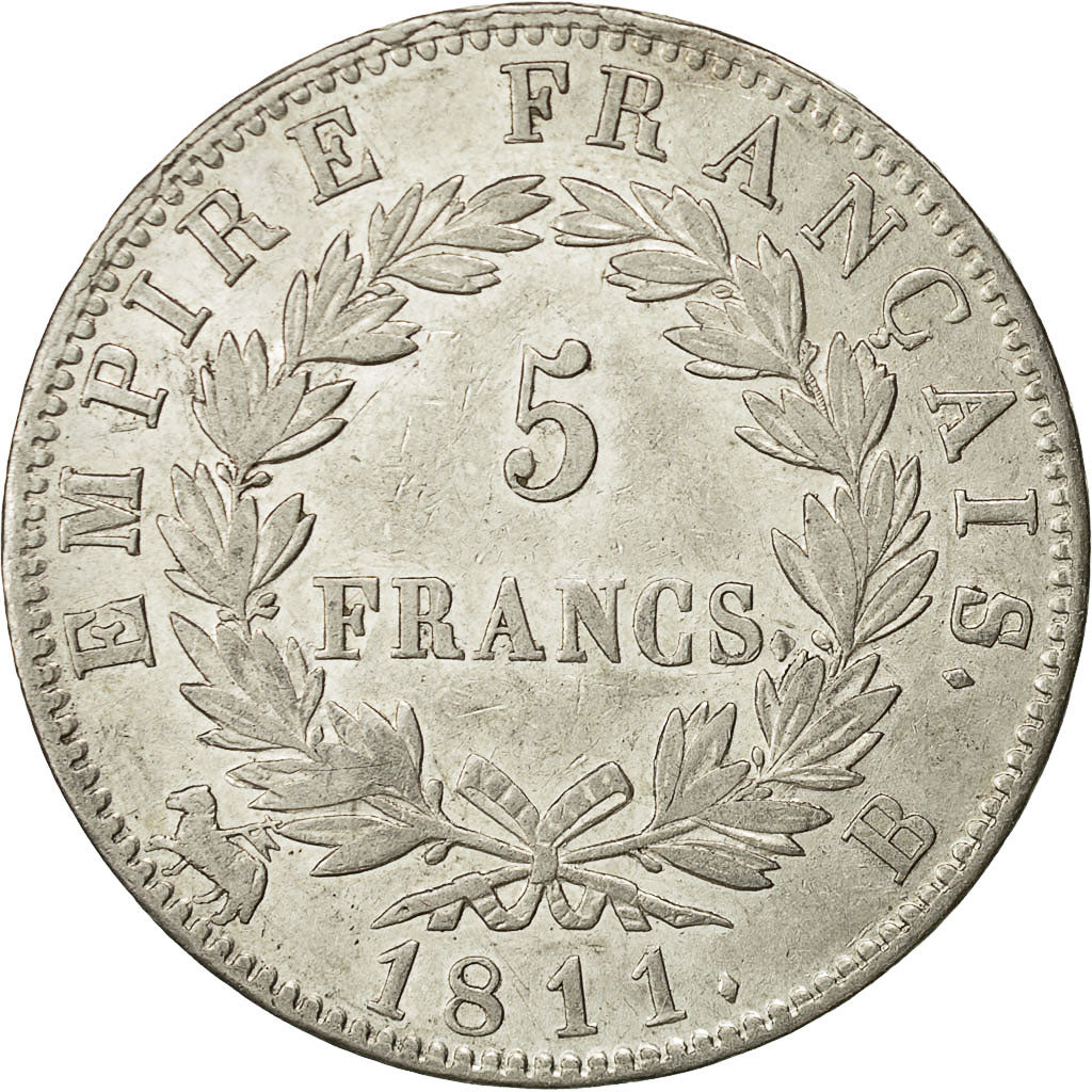 Moneda, Francia, Napoléon I, 5 Francs, 1811, Rouen, MBC+, Plata, KM:694.2