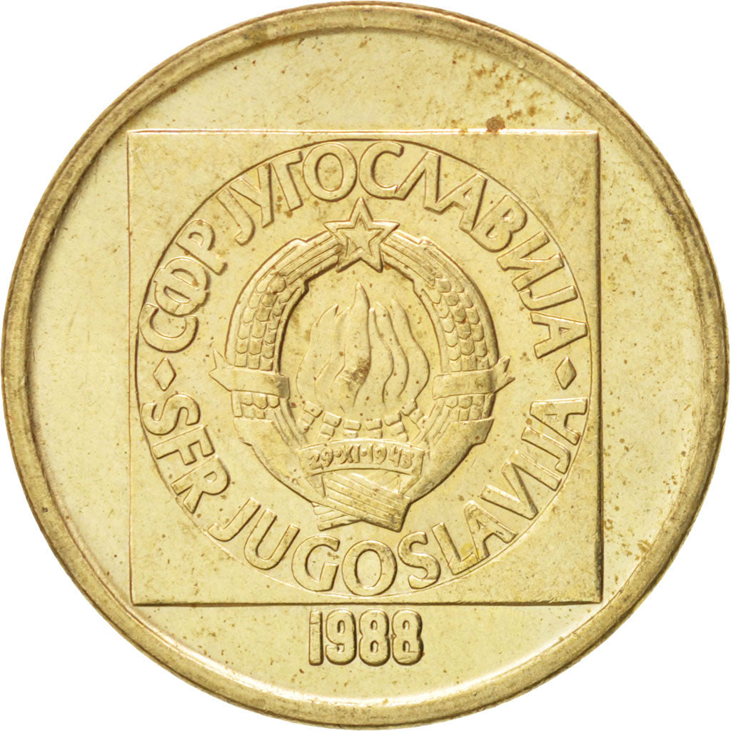 YUGOSLAVIA, 50 Dinara, 1988, KM #133, AU(55-58), Brass, 3.90