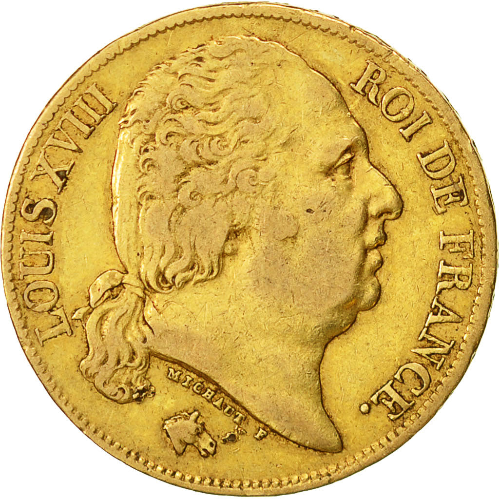 Moneta, Francia, Louis XVIII, Louis XVIII, 20 Francs, 1824, Paris, MB+, Oro