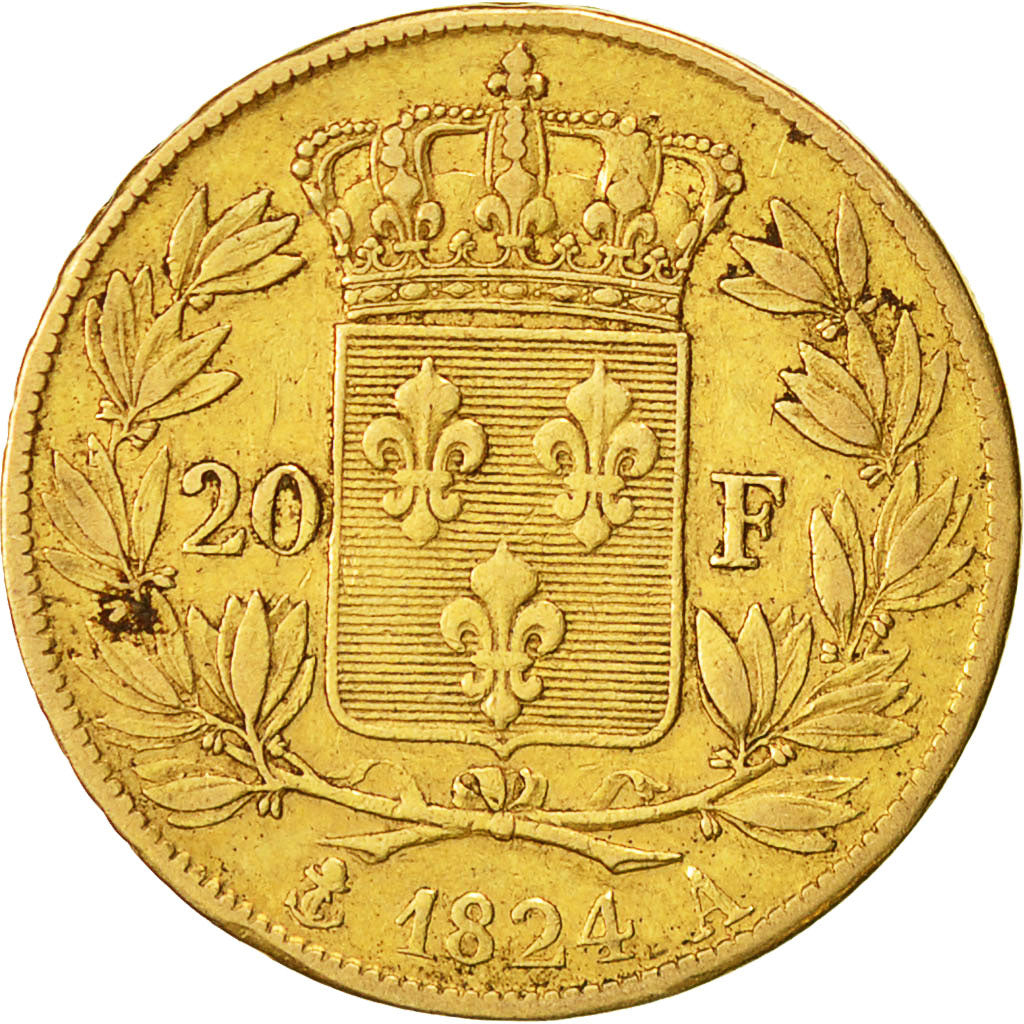 Moneta, Francia, Louis XVIII, Louis XVIII, 20 Francs, 1824, Paris, MB+, Oro