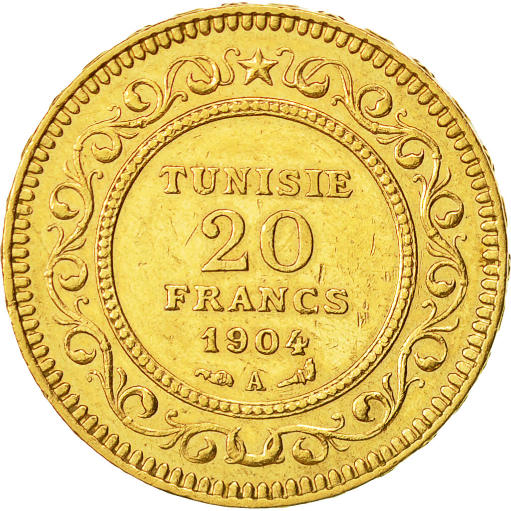 Coin, Tunisia, Muhammad al-Hadi Bey, 20 Francs, 1904, Paris, AU(50-53), Gold