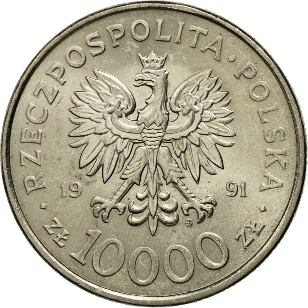 Moneda, Polonia, 10000 Zlotych, 1991, Warsaw, EBC, Níquel chapado en acero