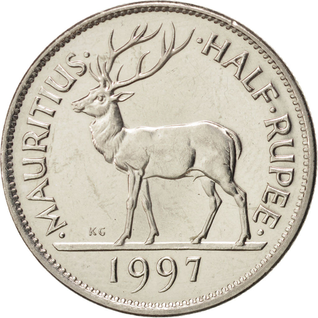 Coin, Mauritius, 1/2 Rupee, 1997, MS(63), Nickel plated steel, KM:54