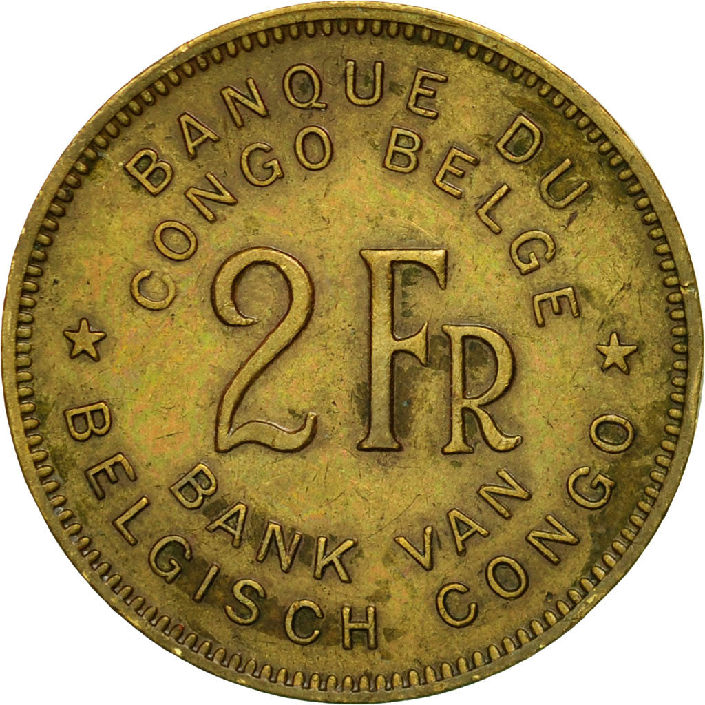 Coin, Belgian Congo, 2 Francs, AU(50-53), Brass, KM:28