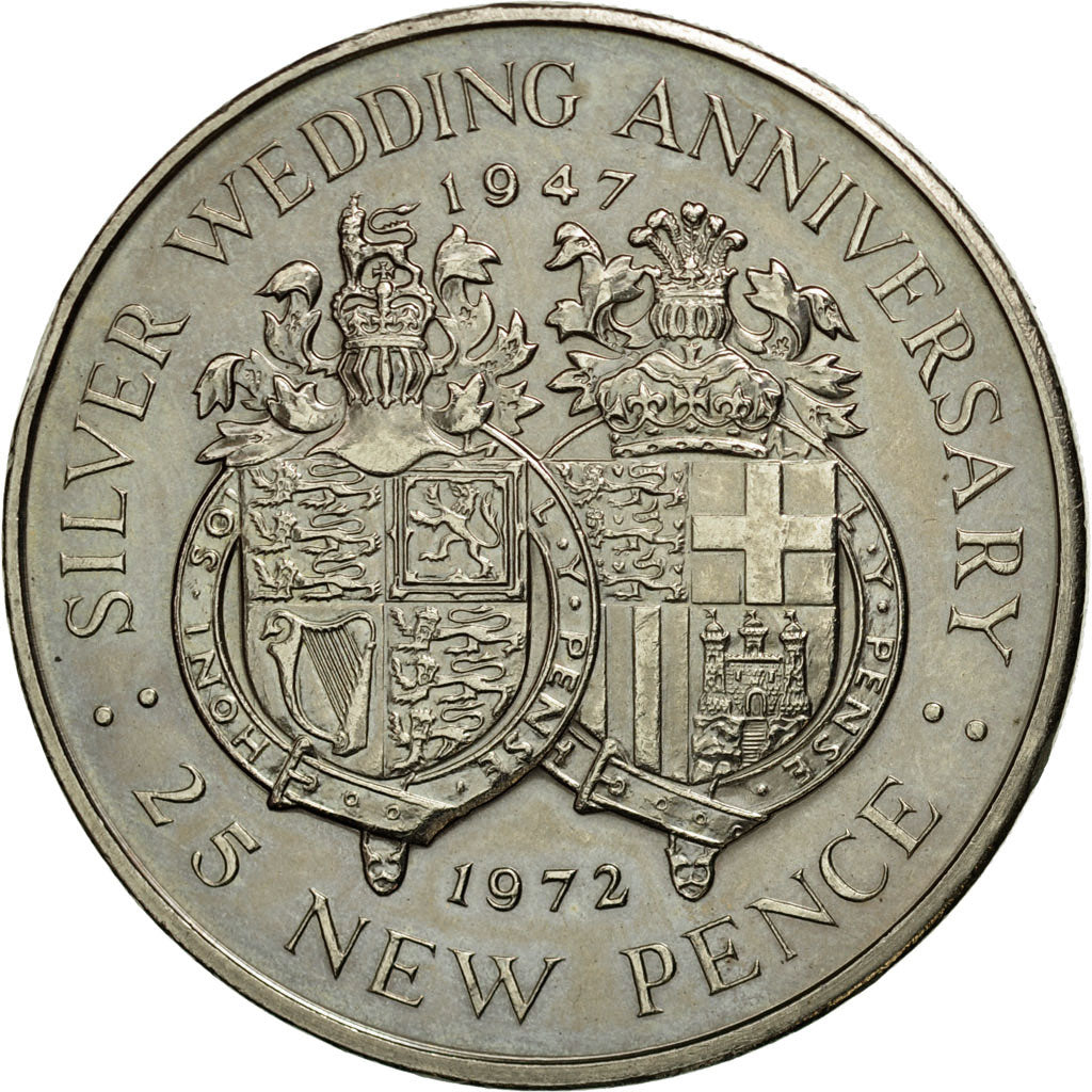 Coin, Gibraltar, Elizabeth II, 25 New Pence, 1972, AU(50-53), Copper-nickel