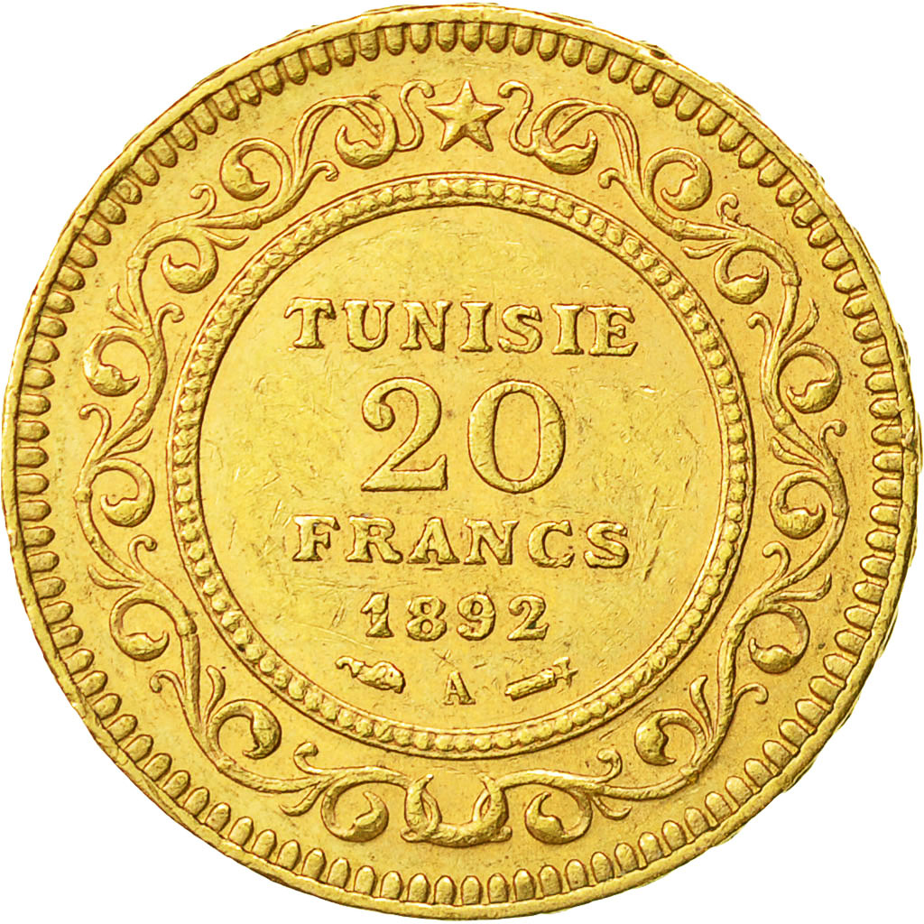 Coin, Tunisia, Ali Bey, 20 Francs, 1892, Paris, AU(50-53), Gold, KM:227