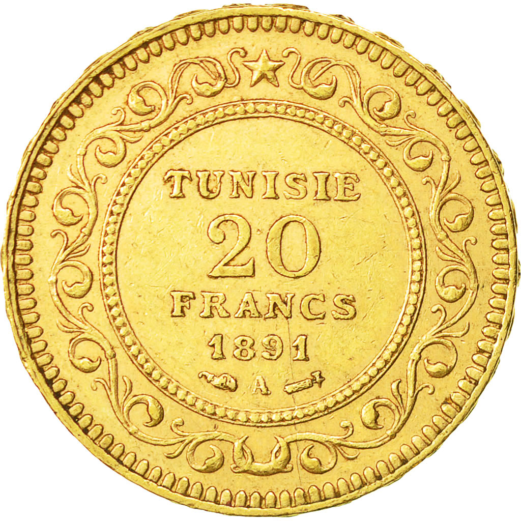 Coin, Tunisia, Ali Bey, 20 Francs, 1891, Paris, AU(50-53), Gold, KM:227
