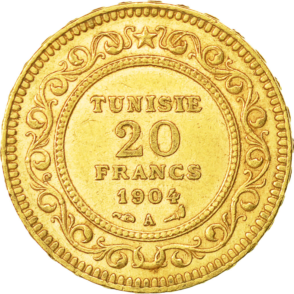 Coin, Tunisia, Muhammad al-Hadi Bey, 20 Francs, 1904, Paris, AU(50-53), Gold