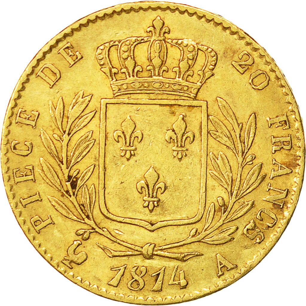 Moneta, Francia, Louis XVIII, Louis XVIII, 20 Francs, 1814, Paris, BB+, Oro