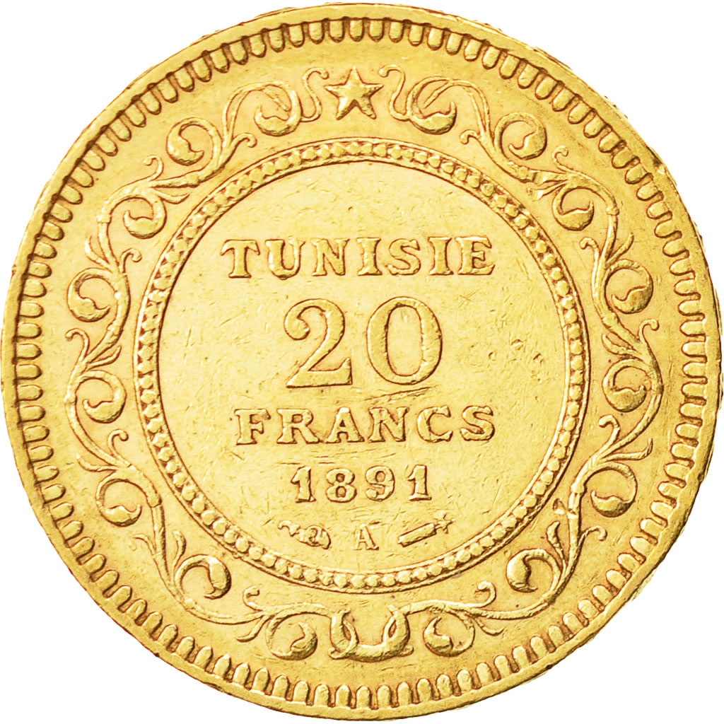 Coin, Tunisia, Ali Bey, 20 Francs, 1891, Paris, AU(50-53), Gold, KM:227