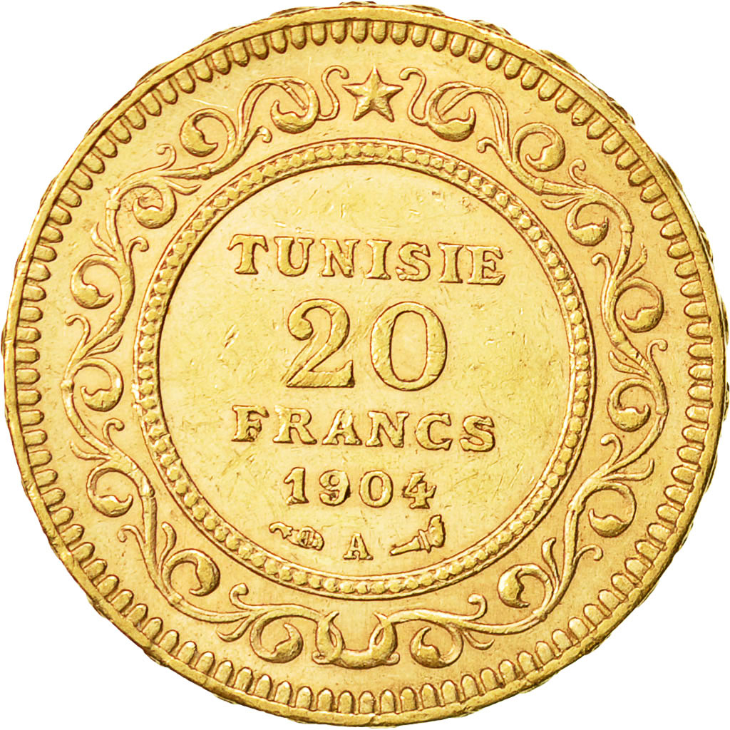 Coin, Tunisia, Muhammad al-Hadi Bey, 20 Francs, 1904, Paris, AU(50-53), Gold